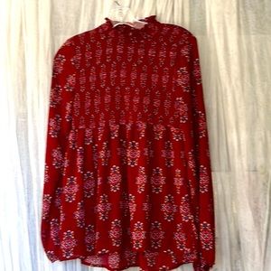 ⭐️ Xhilaration high ruffle neck keyhole back maroon floral sheer stretch M
